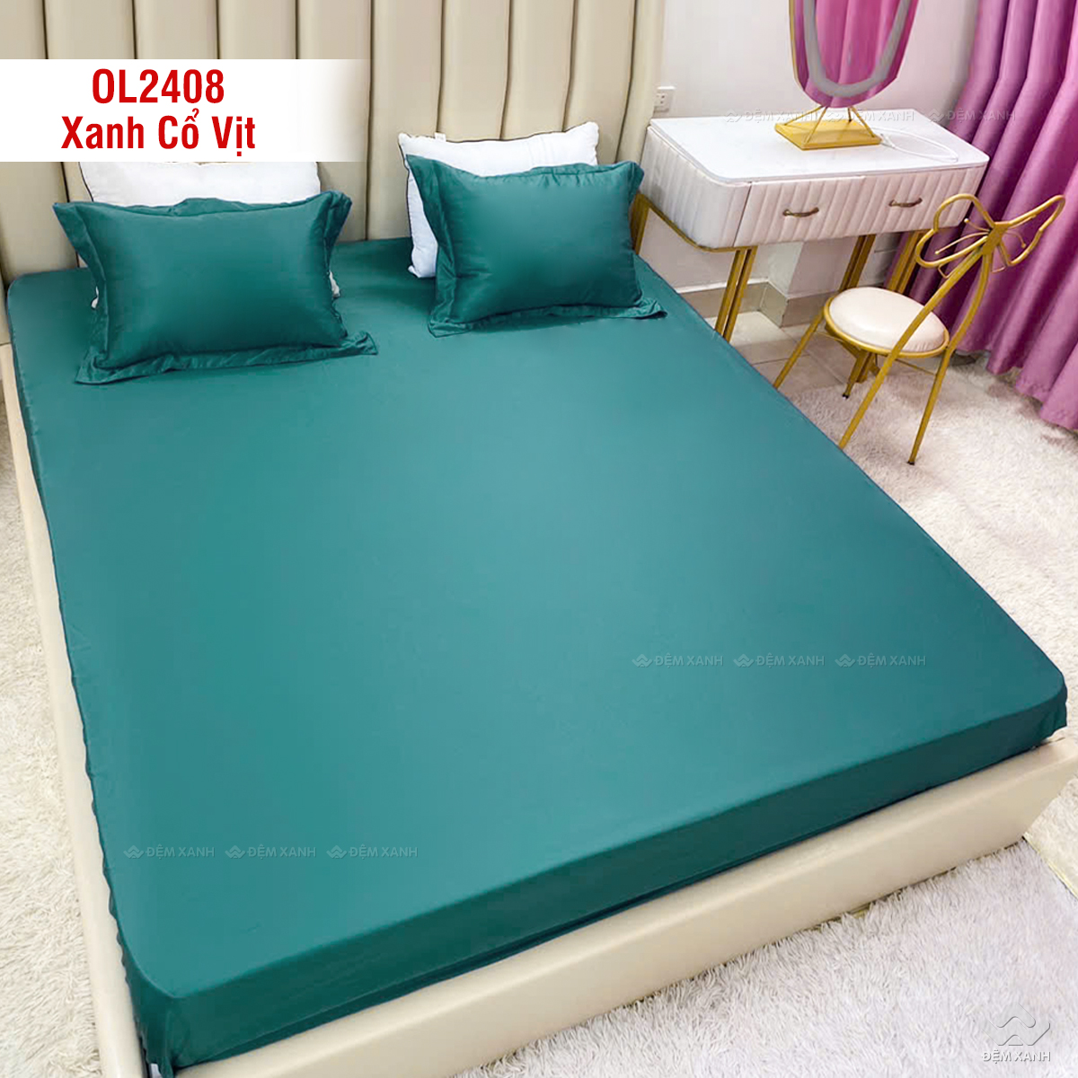Chăn ga gối Olympia Lucas OL2408 vải cotton linen màu xanh cổ vịt - Ảnh 5