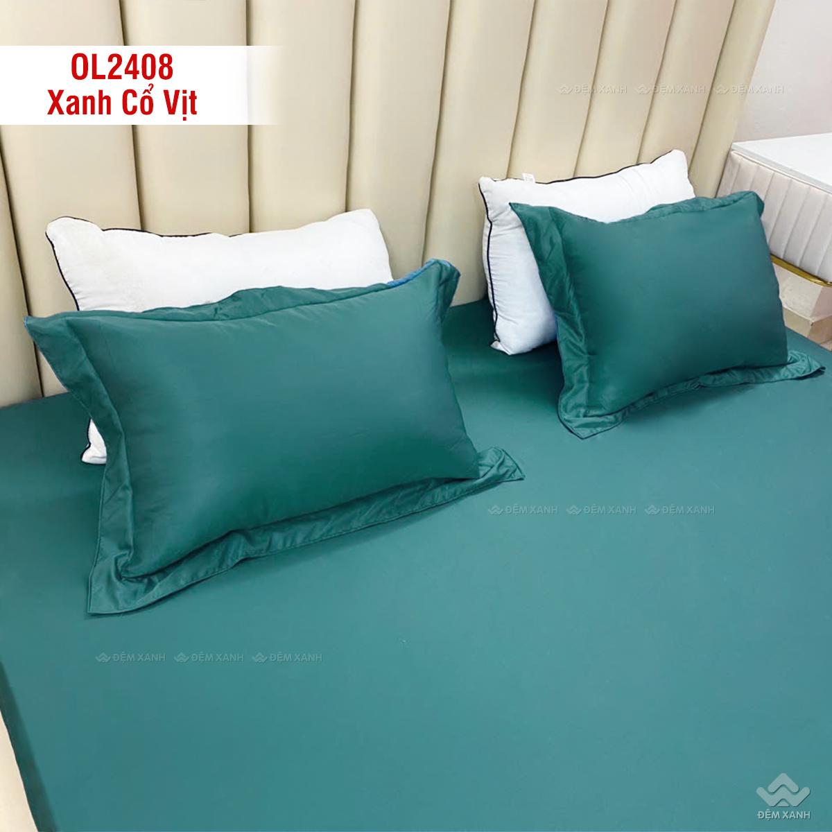 Chăn ga gối Olympia Lucas OL2408 vải cotton linen màu xanh cổ vịt - Ảnh 4