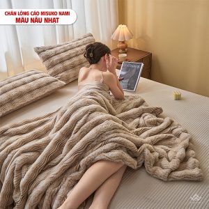 Chăn lông cáo nhân tạo Misuko Nami loang lượn sóng màu nâu nhạt 200x220cm nặng 2,5kg - Ảnh 3